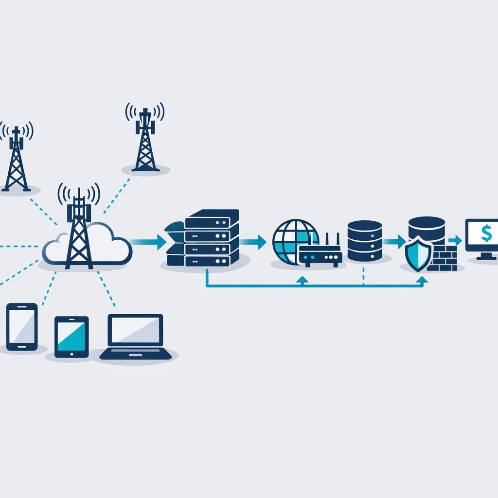 Telecom network architecture showing recharge system components